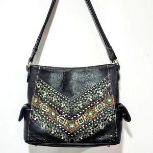 P&G Black Embroidered Handbag Southwest Boho Style Faux Leather
